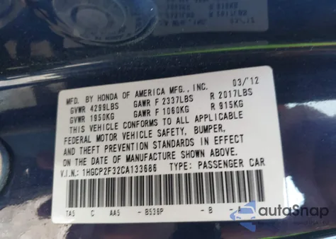2012 Honda Accord 2.4 Lx from USA, damaged, VIN 1HGCP2F32CA133686